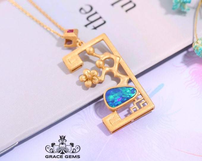 Unique Design Genuine Australian Black Opal Pendant in 18k gold diamond and rubies/Boulder Opal Necklace/Anniversary Birthday Choker/Unique