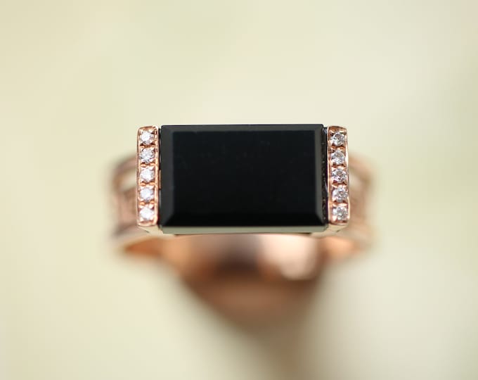 18k Solid Rose Gold 7x10.7mm Rectangle Natural Myanmar Black Jadeite ring/One of a kind unique Engagement Wedding Ring/Anniversary Handmade