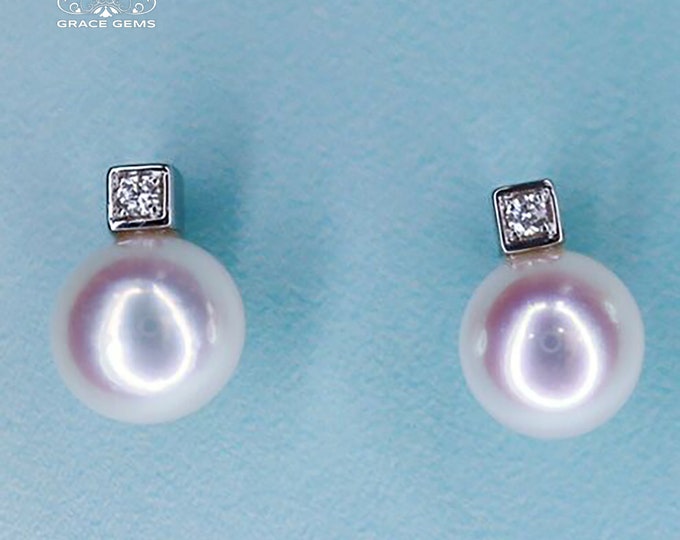7.5mm 18k gold Top Class Natural Japanese Akoya Sea Pearl Earrings/Pearl earrings with diamonds/Certified Pear handmade earrings anniversary