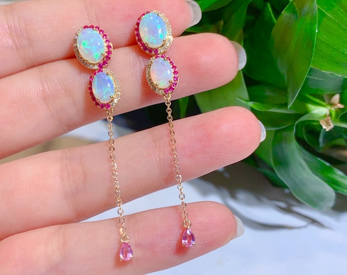 18k Solid Rose Gold Genuine Australian Opal Push Back earrings with ruby and diamond accents/Natural Opal Unique Anniversary gift/Handmade
