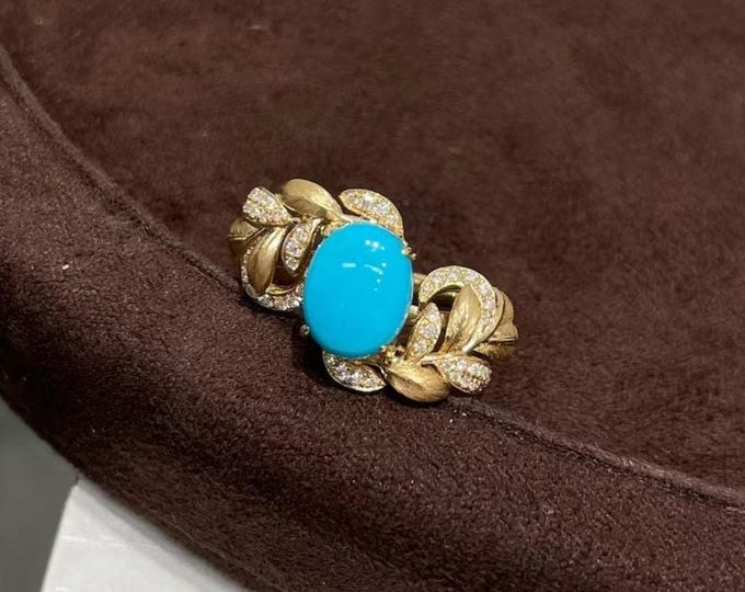 Real natural Turquoise ring in 18k solid gold/Cabochon natural turquoise engagement ring women/unique handmade fine ring women anniversary