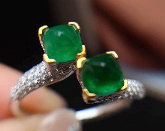 18k Gold Emerald Diamond Ring: Dual stone Dainty Halo Engagement ring/handmade emerald fine ring with diamonds/high end personalized ring