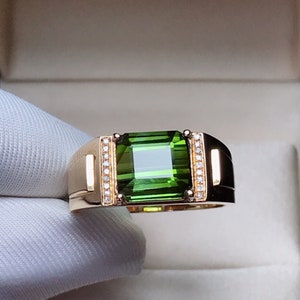 18k rose gold huge green tourmaline mens  engagement wedding ring/Masculine mens boho ring/mens promise band/Art Deco/Warrior mens ring