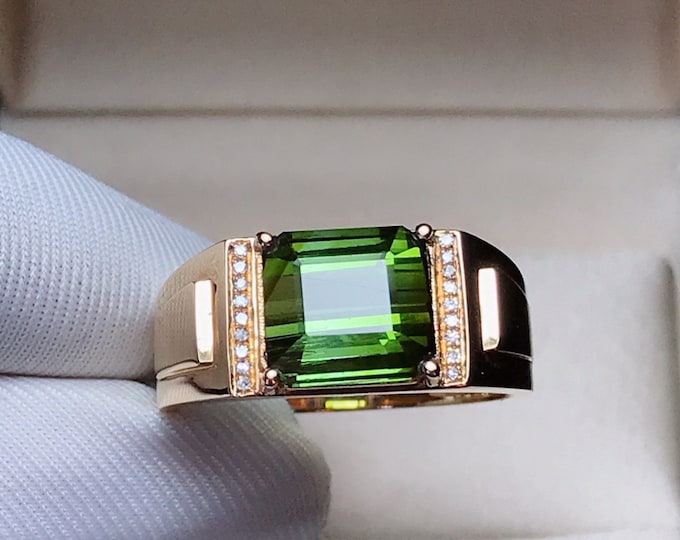 18k rose gold huge green tourmaline mens  engagement wedding ring/Masculine mens boho ring/mens promise band/Art Deco/Warrior mens ring