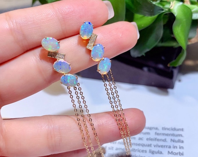 18k Solid Rose Gold Genuine Australian Opal Hook earrings with ruby and diamond accents/Natural Opal Unique Anniversary gift/Handmade studs