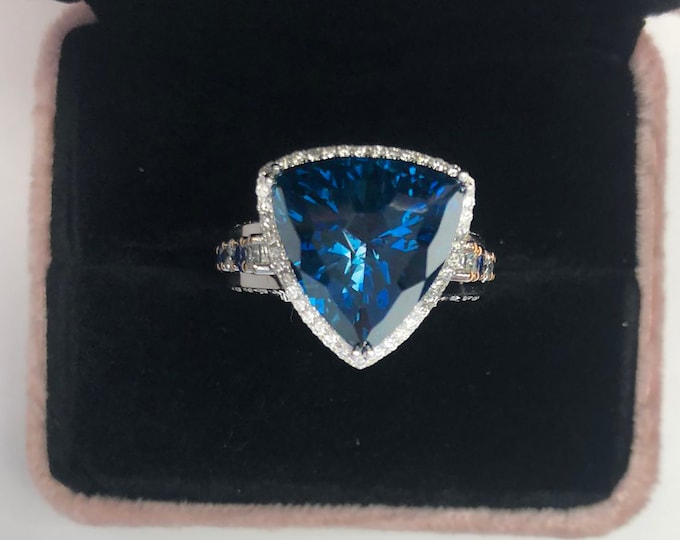 Huge Stone Custom topaz halo ring/High quality London blue topaz with diamonds/18k white and rose gold designer ring/Unique gift for her