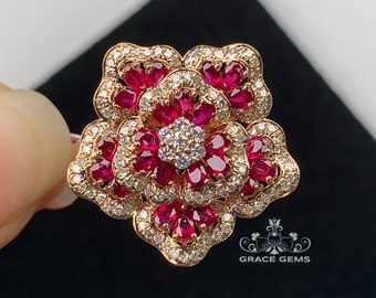 Rose gold ruby ring/Flower Shape Vintage wedding Engagement Ring/Handmade 18k rose gold band for women Ring/Multi-stone diamond ring/bridal