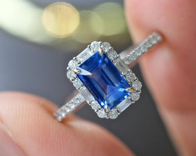 Natural Cornflower Blue Sapphire Ring, Emerald Cut Sapphire Diamond Halo Ring, 18K Gold Luxury Engagement Wedding Ring