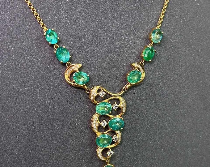 Luxury Natural Emerald with White Sapphire & Diamond Choker Necklace: Art Deco statement fine emerald necklace for women