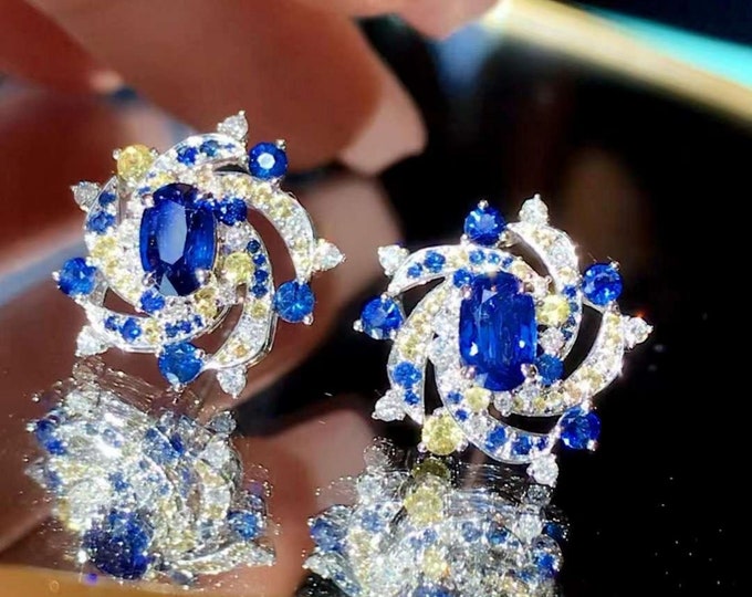 18k white gold natural Sapphire studs/Unique Sapphire stud earrings/art deco sapphire jewelry/Vintage blue sapphire white  gold earrings