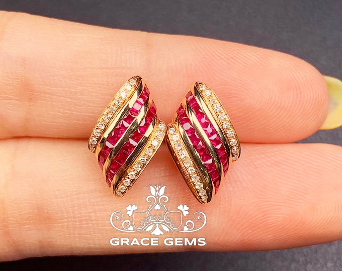 Rhombic natural ruby studs in 18k/14k rose gold with diamonds/Bohemian Indian Gem/Raw Ruby Solitaire/Victorian Gothic star Ruby earrings