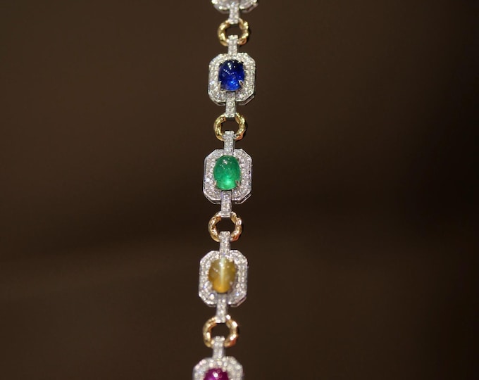 Natural Multi-Gemstone Bracelet, 18K Solid White Gold, Cornflower Sapphire, Emerald, Pink Lavender Sapphire, Cat-Eye, Diamond Halo Charms