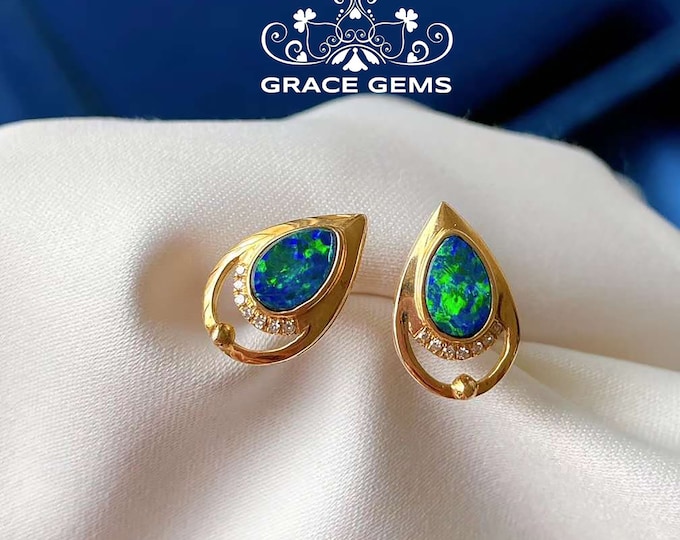 Australian Opal drop Stud in Solid 18k Rose gold/Australian Opal dangler/Raw Opal jewelry/Fire Opal earrings/Natural Opal/Fire Opal Jewelry