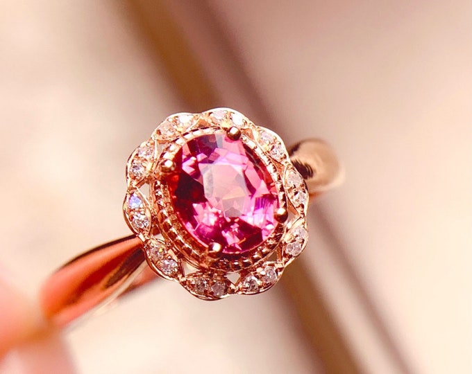 18k Rose Gold Natural Oval Pink Tourmaline Engagement ring Ring with Diamonds/Halo pink tourmaline gold ring/Pink Tourmaline ring for women