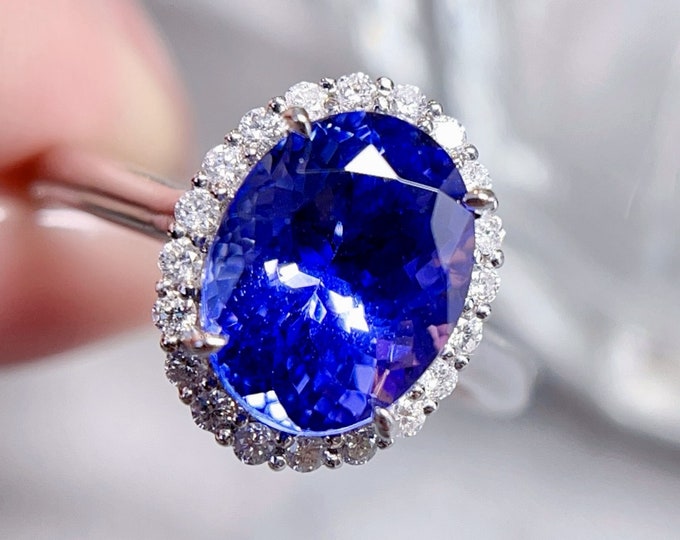Natural 5A Tanzanite ring in 18k white gold with diamond halo/Unique high end handmade custom Tanzanite gift for her/Unique gift for mom