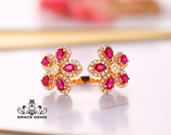 Double flowerVintage natural Ruby Engagement Ring/Raw ruby Ring/18k rose gold ruby ring/Star Ruby Ring/Multi-stone diamond ring/New Mom ring