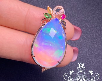 20CT Opal Pendant 18K Rose Gold with Diamond, Ruby Sapphire/Certified Opal Ring: 18k Gold with Ruby Tsavorite/Natural high end Ethiopian