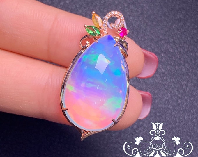 20CT 18K Rose Gold Huge Gem Genuine Opal Pendant with Diamond Ruby Sapphire/Raw Stone Boulder Fire Opal Necklace/Dragon Breath Opal Necklace
