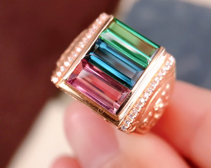 High end 18k rose gold genuine tourmaline man ring/Multi color stone tourmaline ring for men/Over time engagement ring/Unique wedding ring