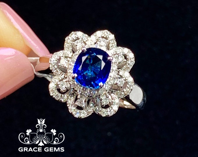 18k white gold natural royal blue sapphire ring/Sri Lanka sapphire engagement wedding ring with diamonds/Vintage Antique/Art Deco sapphire