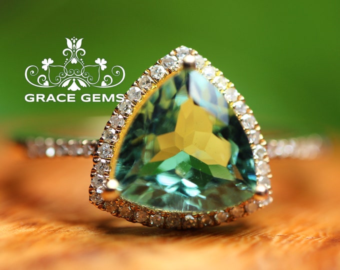 18k gold rare triangle olive green tourmaline diamond engagement wedding ring/Verdelite gemstone made/one of a kind/Art Deco/Oct. birthstone