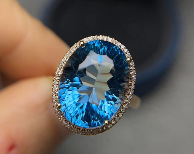 18k solid gold Natural London blue Topaz & Diamond ring women/Statement oversized oval topaz ring