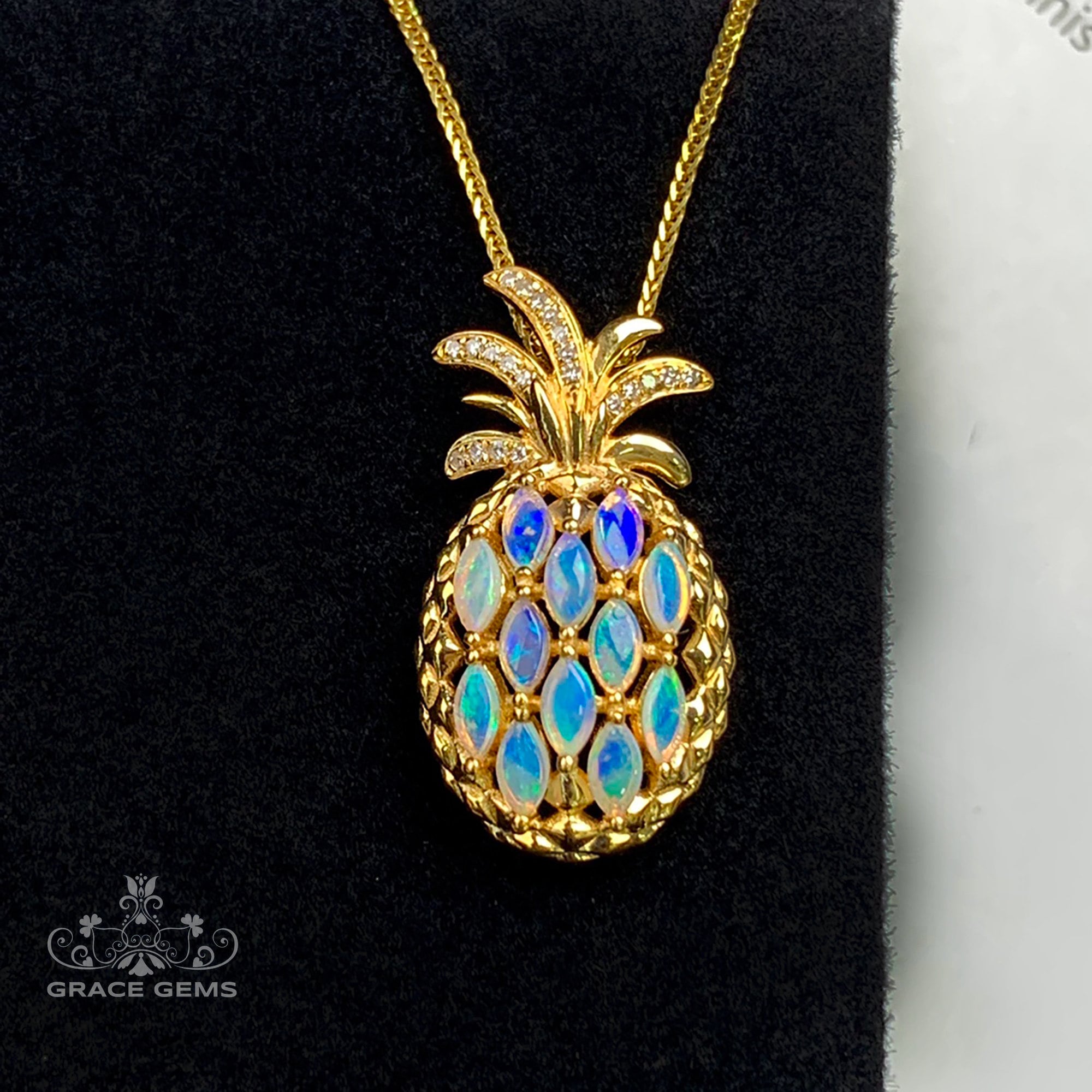 Unique Pineapple Shape Genuine Australian Opal Pendant in 18k Gold