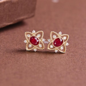 Handmade 18k Solid old Mozambique ruby earrings with diamonds - ruby studs/high end gift,everyday luxury,custom fine ruby,ethically sourced