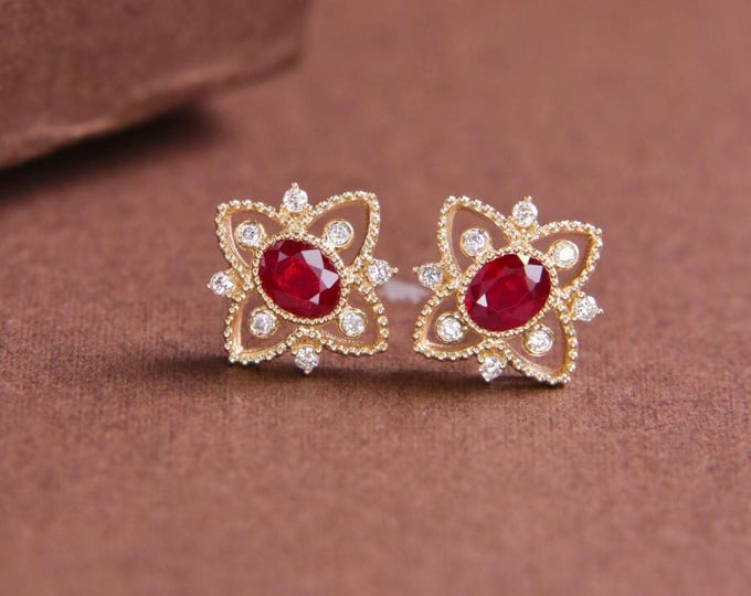 Handmade 18k Solid old Mozambique ruby earrings with diamonds - ruby studs/high end gift,everyday luxury,custom fine ruby,ethically sourced