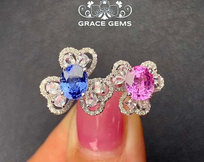 Double Stones 18k/14k white gold  sapphire engagement ring with diamonds/Blue blink gemstone/Vintage Antique/Art Deco/Boho Celtic Unique