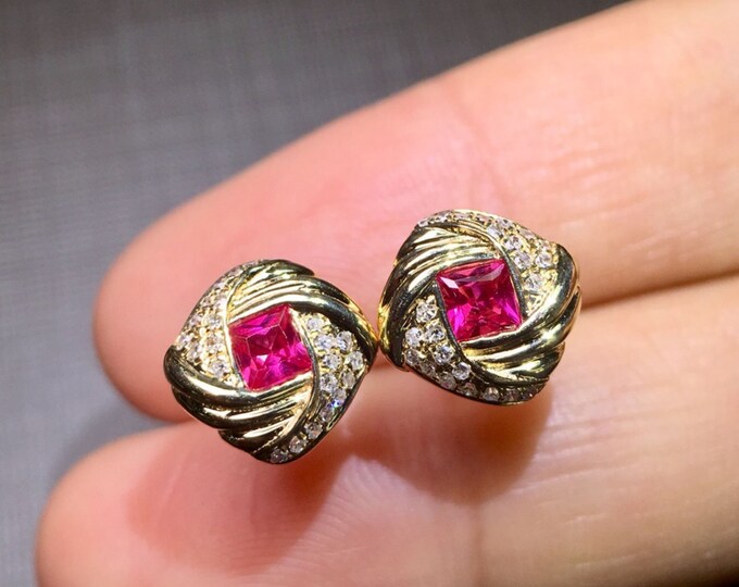 18k yellow gold natural Mozambique ruby earrings with diamonds/Certified genuine ruby studs/Trendy elegant earrings/Her unique vintage gift
