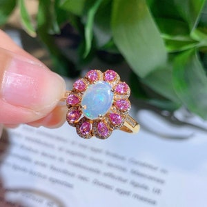 Cluster Natural Australian Opal Engagement Ring in solid 18k/14k Rose Gold with diamonds and Pink Sapphires/Unique Custom Opal Wedding ring