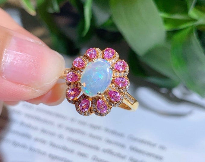 Cluster Natural Australian Opal Engagement Ring in solid 18k/14k Rose Gold with diamonds and Pink Sapphires/Unique Custom Opal Wedding ring