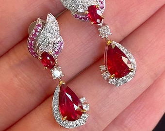 Natural Mozambique Ruby Drop Earrings, 18K Gold, 0.546ct D VS Diamonds, Feather Design, Pear Ruby Dangles