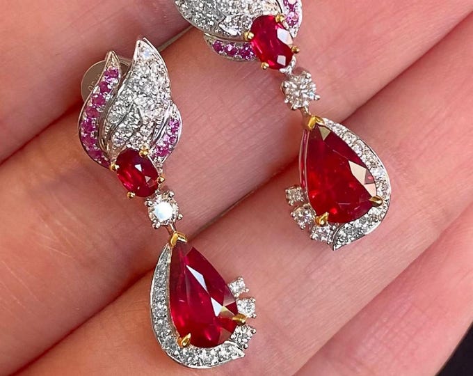 Natural Mozambique Ruby Drop Earrings, 18K Gold, 0.546ct D VS Diamonds, Feather Design, Pear Ruby Dangles
