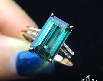 Handmade tourmaline ring/18k rose gold diamond band/halo emerald cut green gemstone/cocktail vintage antique ring/celestial fine jewelry 