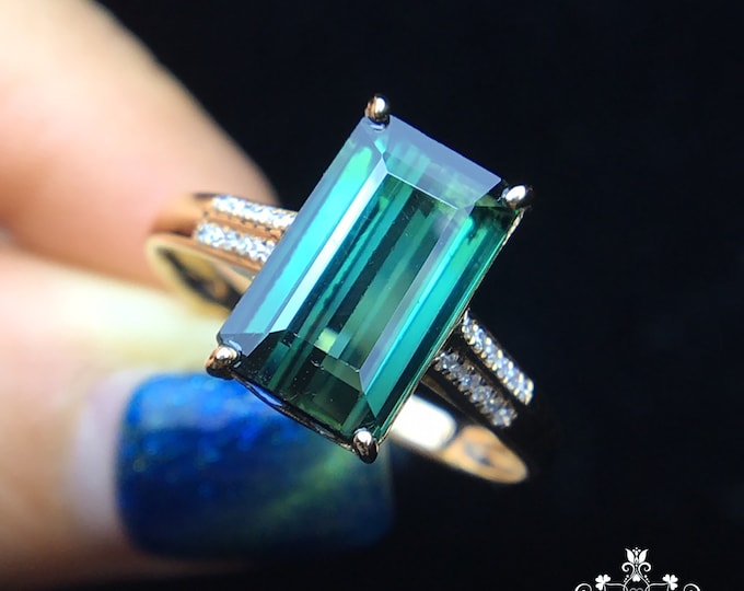 Handmade tourmaline ring/18k rose gold diamond band/halo emerald cut green gemstone/cocktail vintage antique ring/celestial fine jewelry