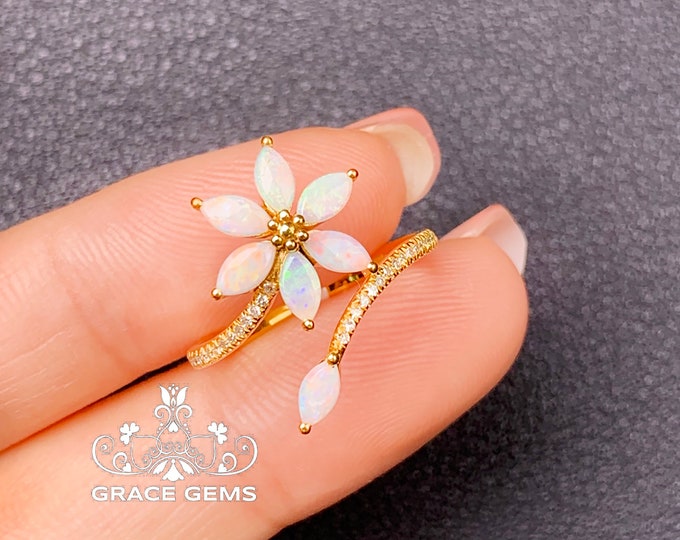 Natural Flower Cluster Marquise Australian Opal Ring in 18k/14k rose Gold &Diamonds/Mexican Fire Opal/Boulder Opal Engagement ring/Fire Opal