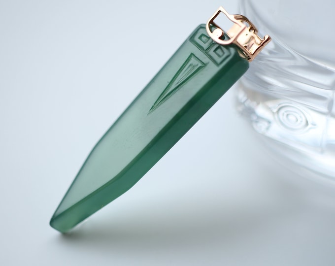 18k Rose Gold Symbolic Shape Engraved Genuine Myanmar Vivid Green Icy A grade Jadeite Pendant/Natural Jade Necklace/Viking Egyptian Jewelry