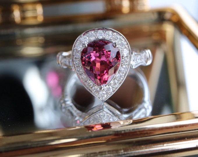 18k/14k gold 1.1 C natural tourmaline engagement wedding ring with diamonds/Art Deco/Raw tourmaline ring/Halo eternity/ Promise gift for her