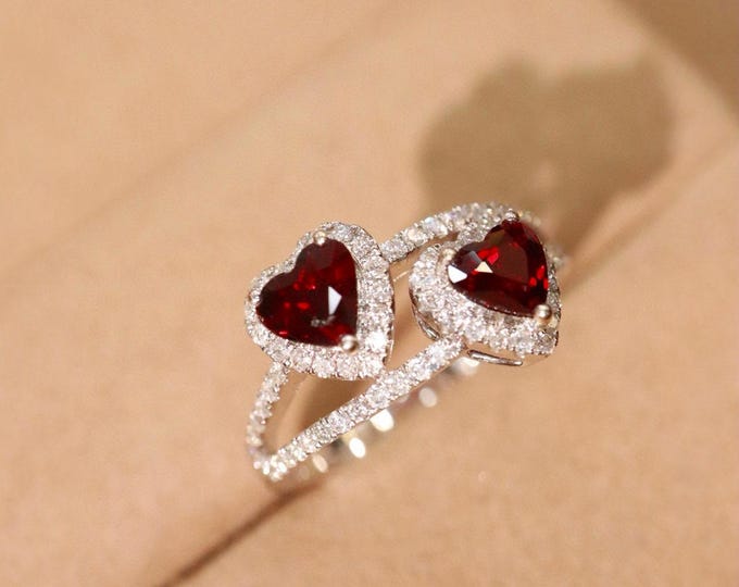 Luxurious double heart dark pigeon blood red ruby ring/Double heart ruby ring and diamonds/Double ruby natural elegant ruby ring anniversary