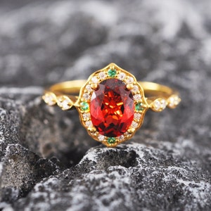 Genuine Pigeon Blood Garnet Engagement ring in 14k/18k gold with Diamonds and emeralds/Natural Mozambique garnet ring/Garnet stacking ring