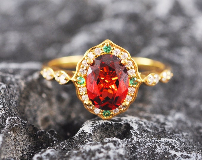 Genuine Pigeon Blood Garnet Engagement ring in 14k/18k gold with Diamonds and emeralds/Natural Mozambique garnet ring/Garnet stacking ring