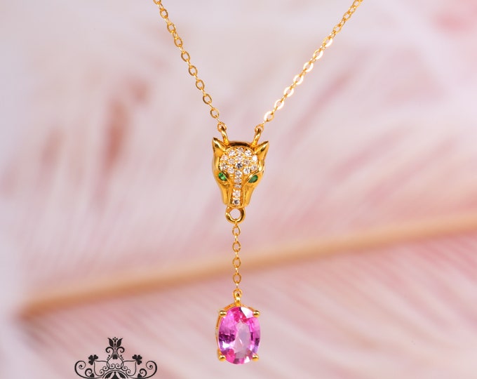 Leopard Shape Genuine Padparadscha Pink Sapphire Pendant in 18k gold with diamonds & Travorite as eyes/One of a kind Necklace/Anniversary
