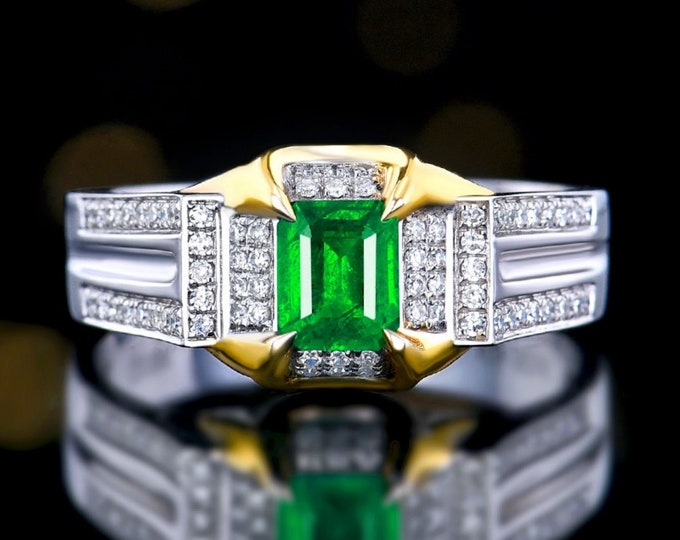 18k white gold natural Zambia emerald ring for man/Unique Trian Genuine Emerald man ring/Chunky prongs emerald ring for man/Art deco emerald