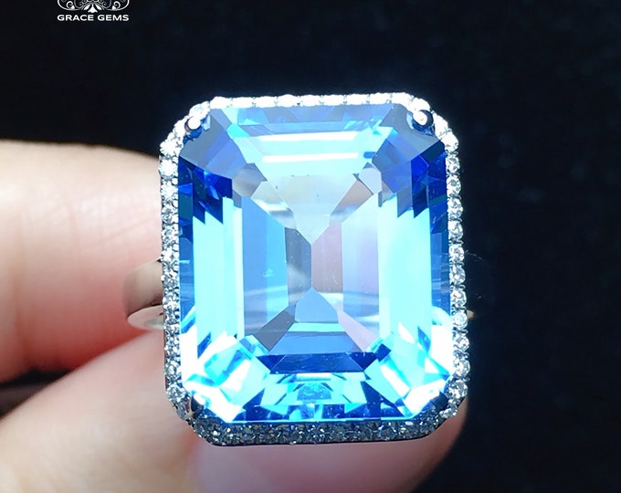 Emerald cut huge size 18k solid white gold natural Swiss Blue Topaz engagement wedding ring with diamonds/Customized band/Art Deco/Unique