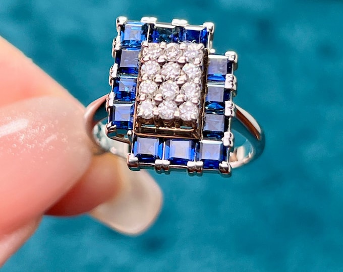 Unique 18k/14k solid white gold royal blue genuine sapphire ring/Over time engagement ring with diamonds/estate art deco sapphire ring