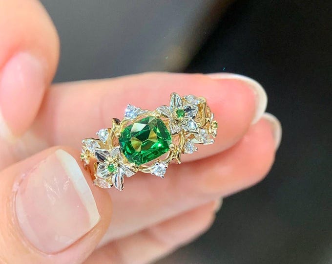Natural Unheated Vivid Green Cushion cut Tsavorite Garnet Diamond Ring: Art Deco Tsavorite Wedding Engagement ring for women