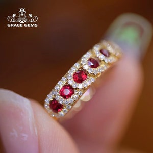 18K Gold Ruby Wedding band/Art Deco Ruby and Diamond Ring/Ruby stacking band/Natural Ruby Ring antique/Ruby halo band/Art Deco ruby band