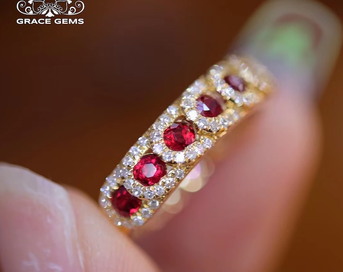 18K Gold Ruby Wedding band/Art Deco Ruby and Diamond Ring/Ruby stacking band/Natural Ruby Ring antique/Ruby halo band/Art Deco ruby band